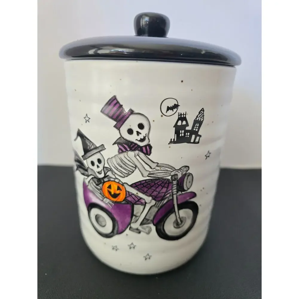 Cobwebs & Cauldrons Halloween Skeleton Motorcycle Sidecar Canister 7